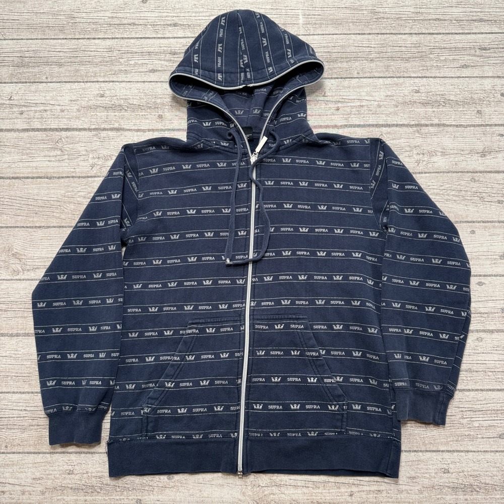 Y2K Supra Hoodie Men's Small Navy Blue AOP Zip Up Relaxed Fit Streetwear